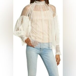 Sheer White Pearl-Embellished Blouse